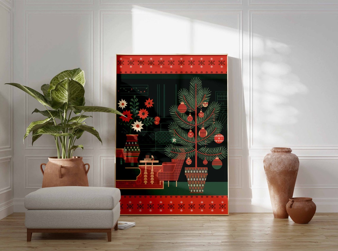 Scandinavian Dark Green Red Folk Christmas Fireplace Tree Art Poster - Image 3