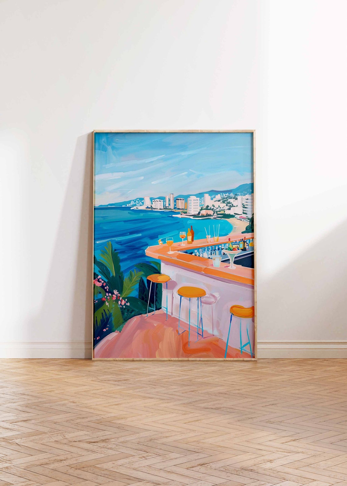 Coastal Rooftop Bar Turquoise Sea City View Bar Decor Poster - Image 2