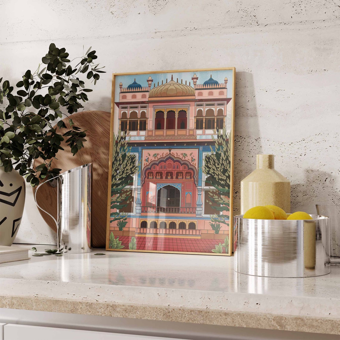 Pink Indian Palace Facade Arched Domes Traditional Art Poster - Image 3