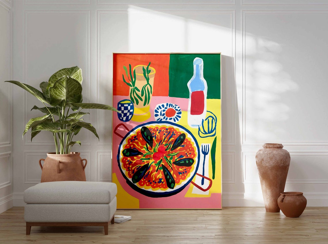 Spanish Paella Seafood Rice Pan Retro Kitchen Folk Art Poster - Image 3
