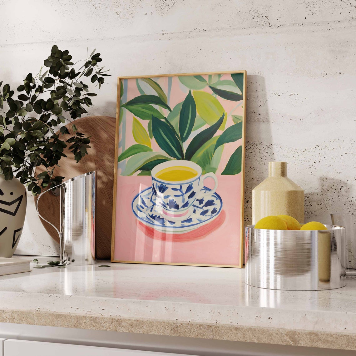 Retro Floral Coffee Cup Illustration Blue White Pink Wall Art - Image 2