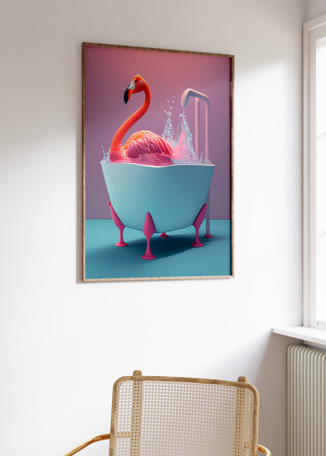 Pink Flamingo Splashing in Bathtub Funny 3D Animal Bath Poster - Image 3