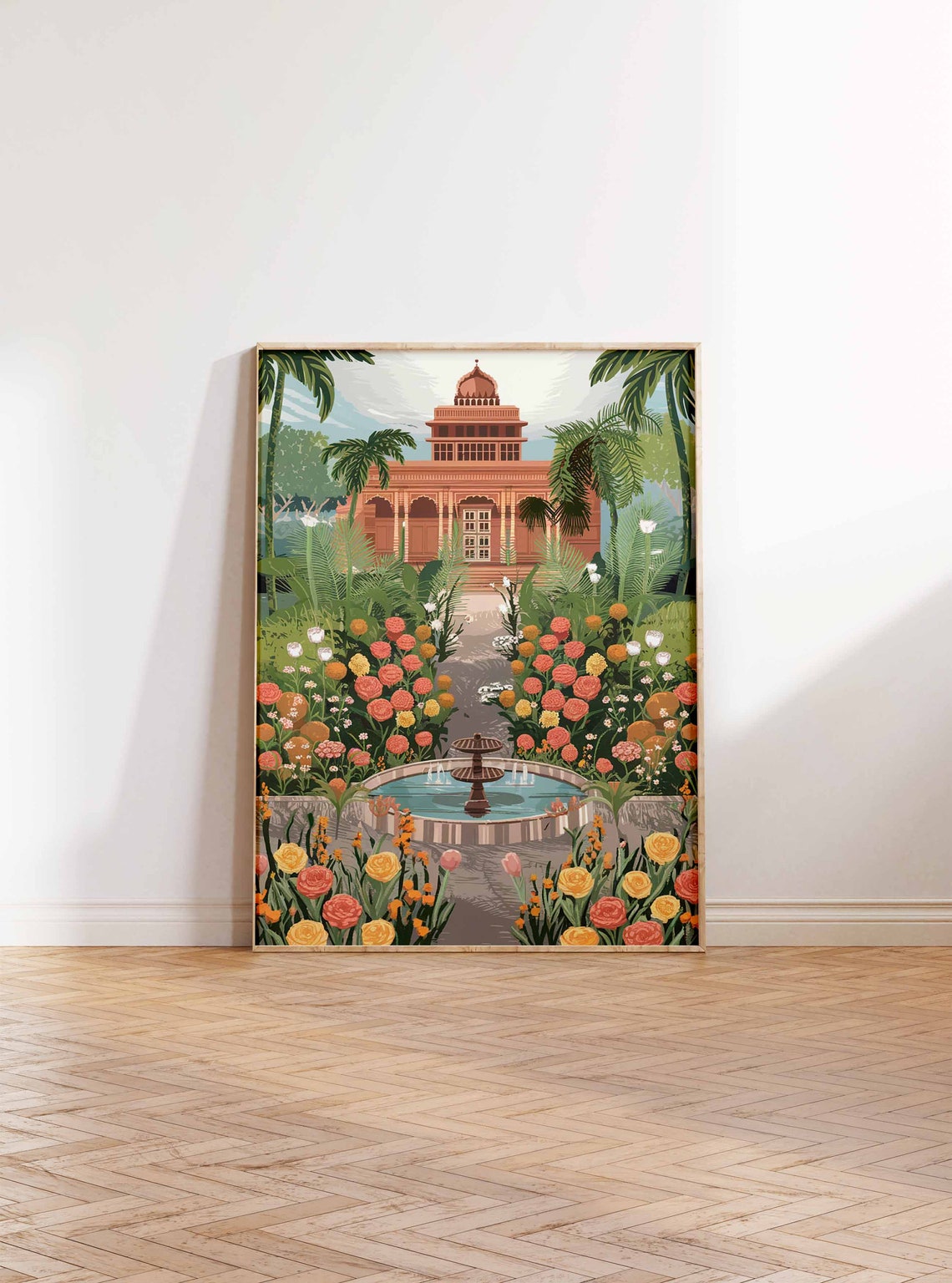 Indian Pavilion Lush Flower Garden Water Fountain Artwork Poster - Image 2