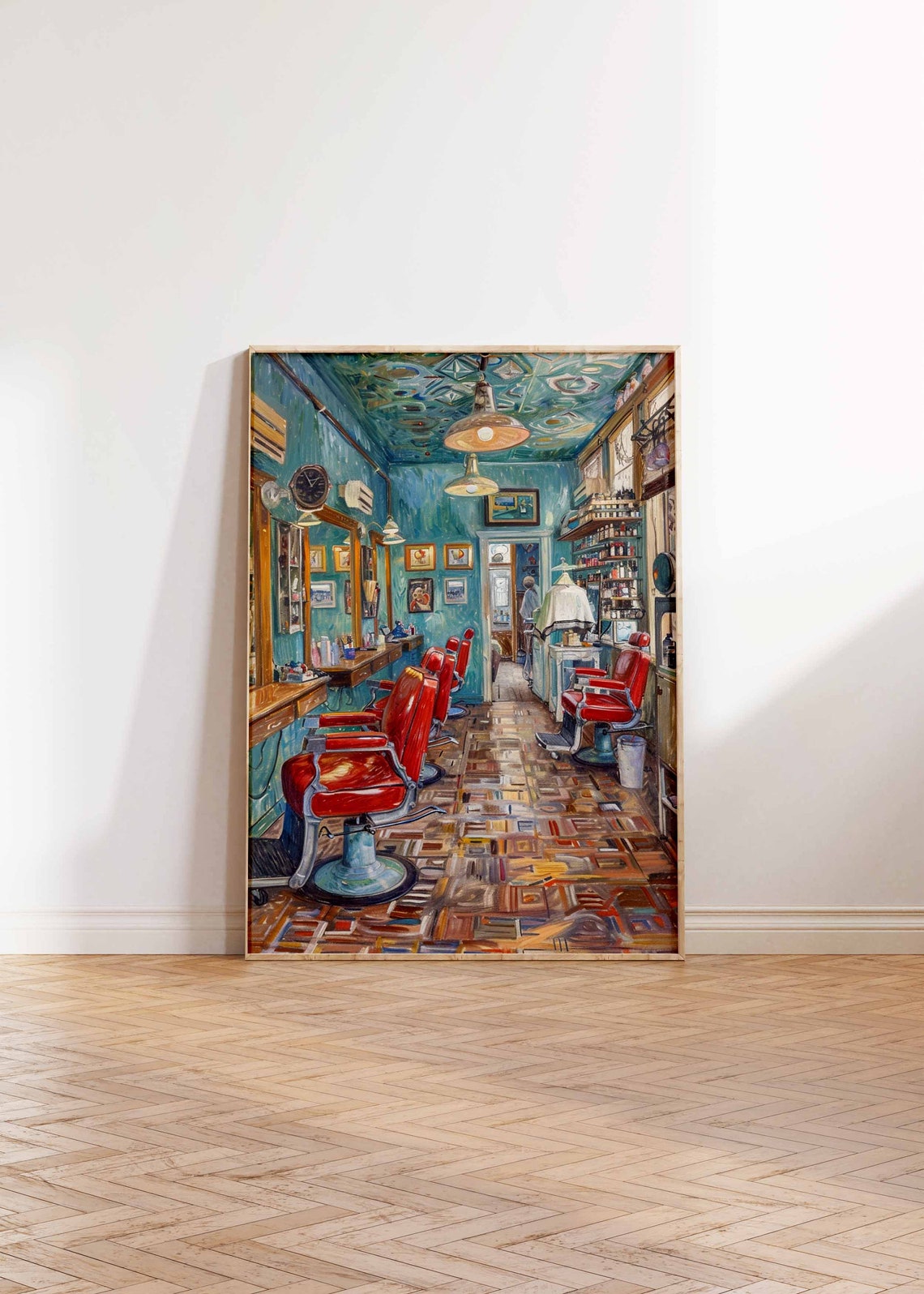 Teal Vintage Barbershop Red Chairs Classic Interior Wall Art - Image 2