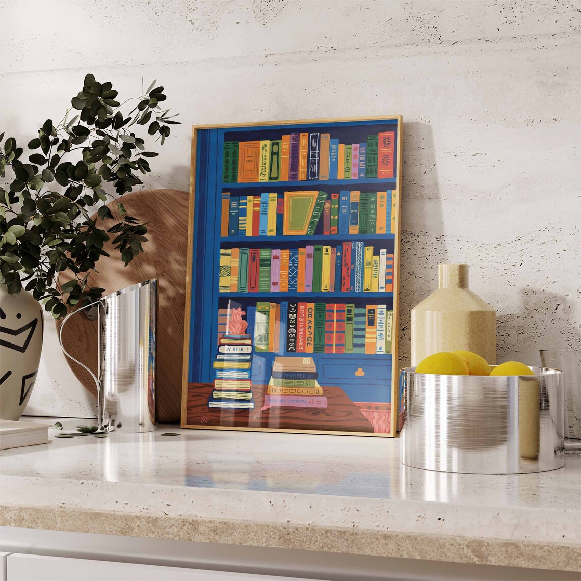 Blue Bookshelf Poster with Colorful Books and Stacks of Novels Art - Image 2