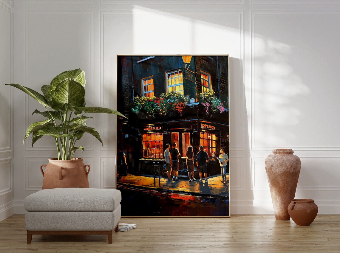 London Pub Night Street Scene Warm Windows Painting Travel Poster - Image 3
