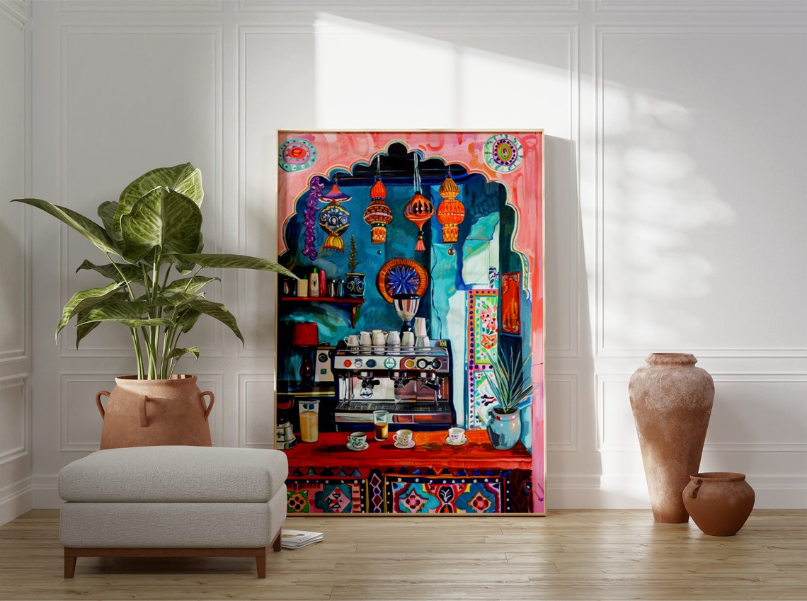 Colorful Indian Cafe Espresso Machine Lantern Illustration Poster - Image 3