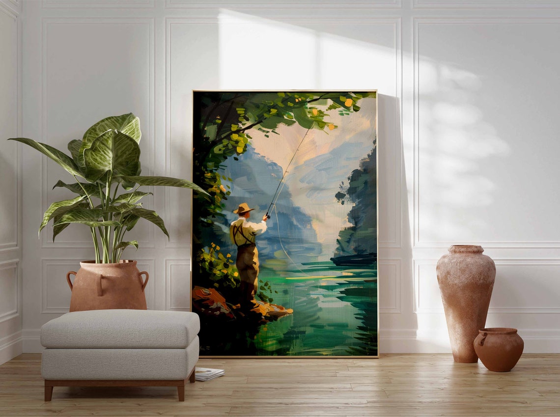 River Fly Fisherman Casting Line from Rocky Shore Painting Poster - Image 3