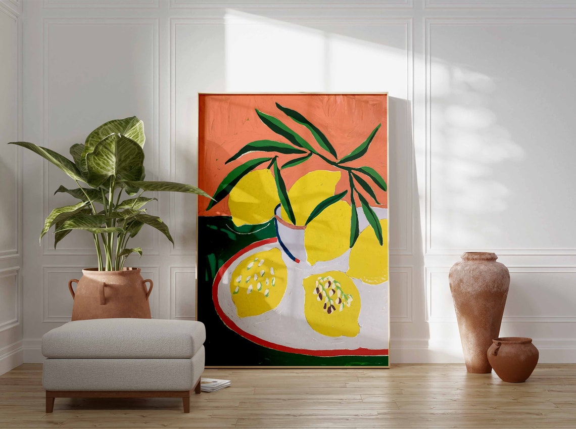 Lemons On A Platter With Blossoms Bold Citrus Still Life Poster - Image 3
