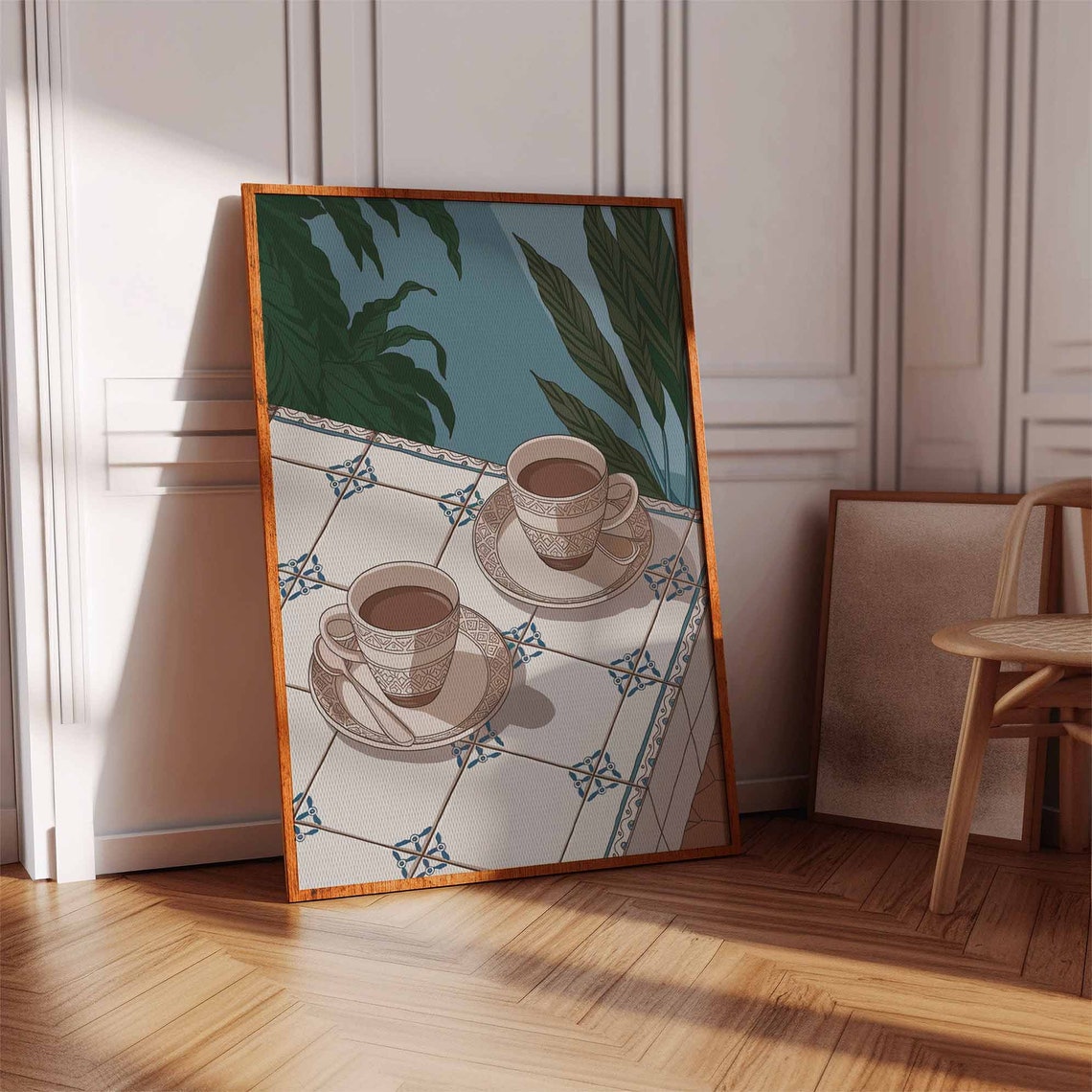 Two Coffee Cups on Tile Table Green Botanical Cafe Art Poster - Image 2