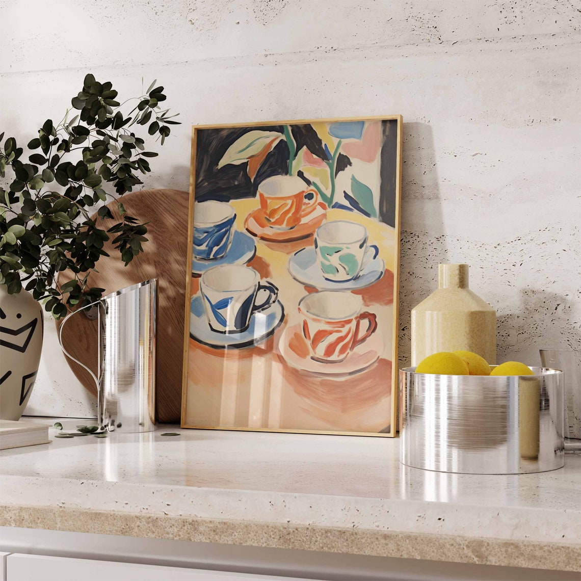 Hand Painted Coffee Cups Still Life Kitchen Poster With Colorful Art - Image 2
