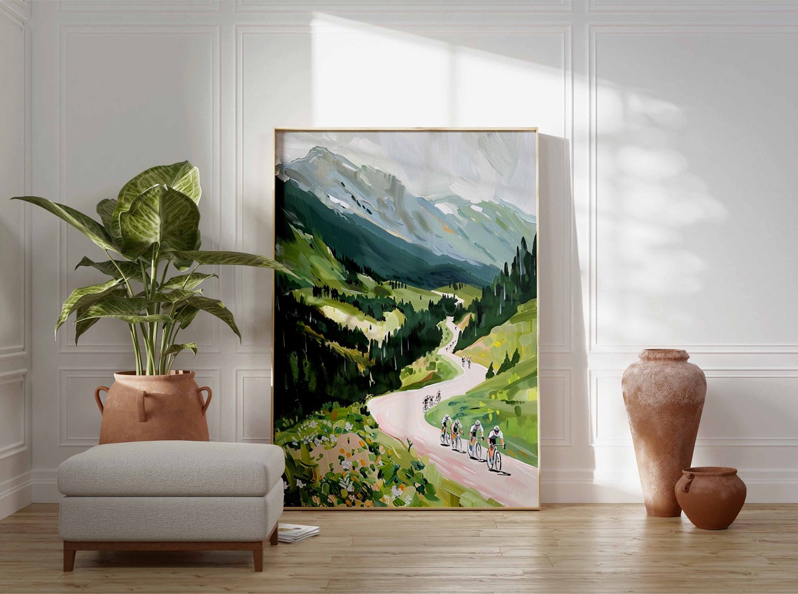 Cyclists Climbing Alpine Road Wildflower Meadow Mountain Poster - Image 3