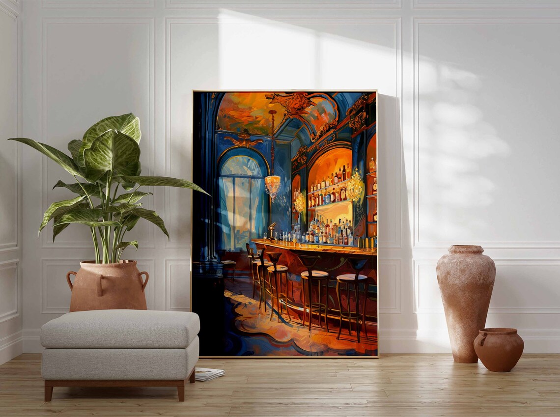 Retro Cocktail Bar Interior Blue Amber Oil Painting Art Poster - Image 3