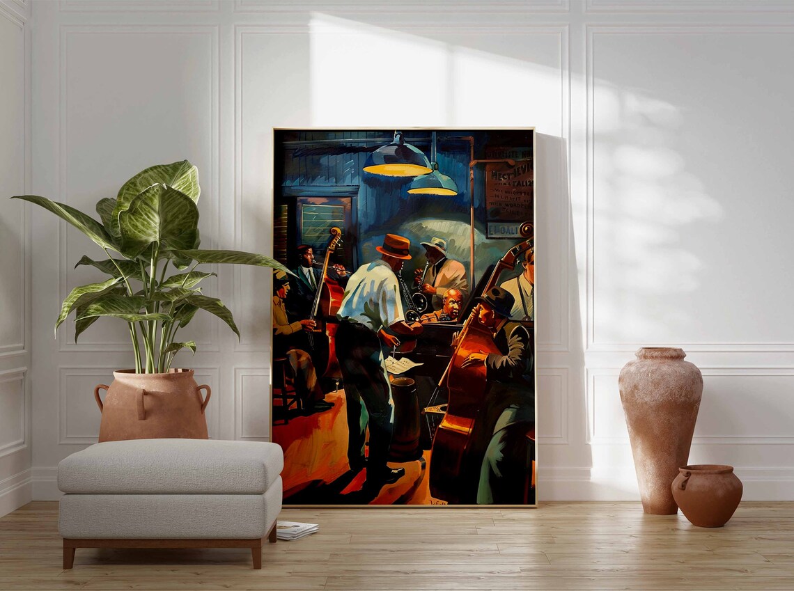 Jazz Band Live Club Performance Sax Bass Warm Lamp Light Painting Poster - Image 3