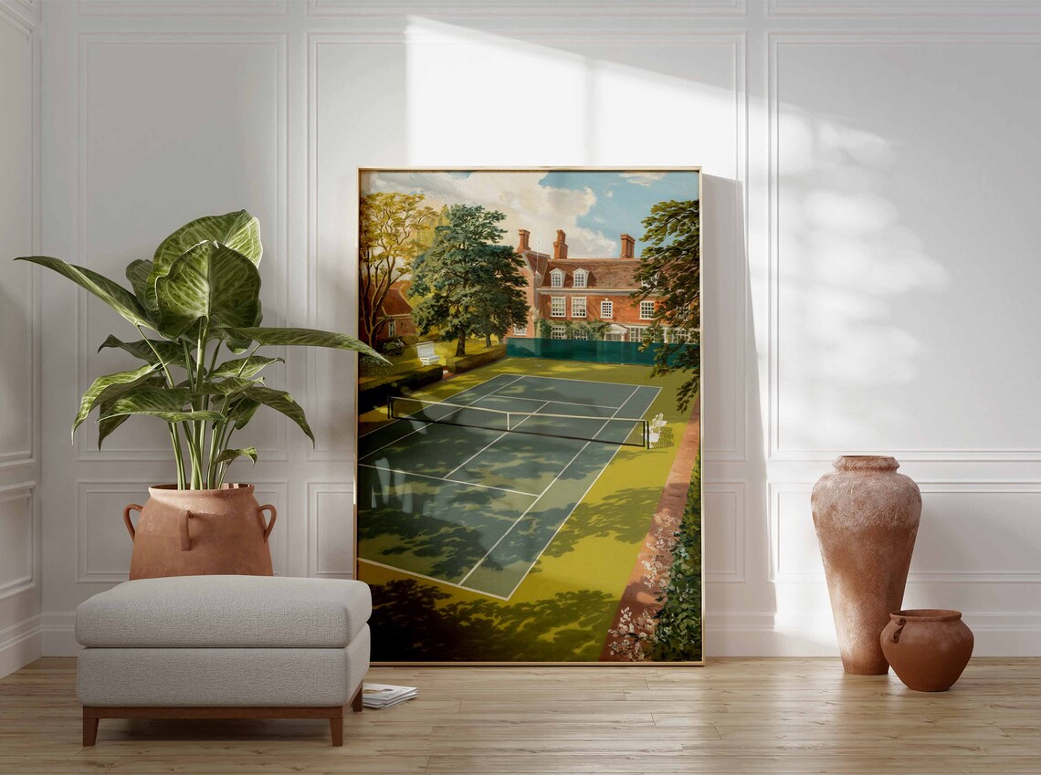 Vintage Tennis Court Brick Country House Tree Shadows Poster - Image 2