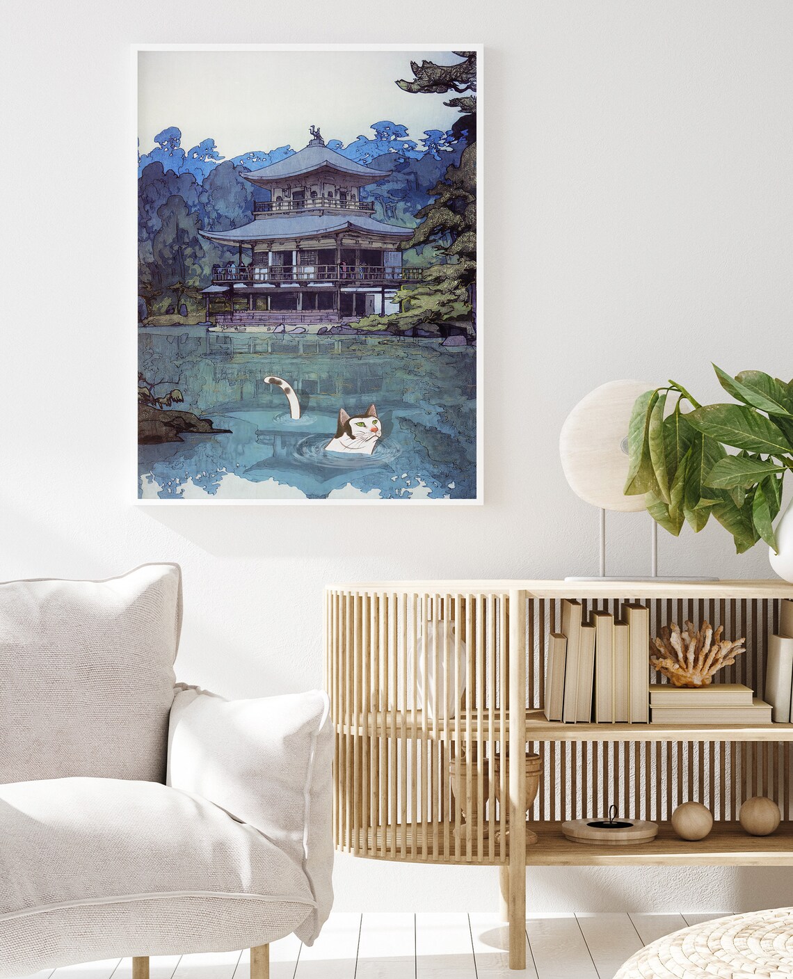 Golden Pavilion Kyoto Swimming Cat Japanese Woodblock Poster - Image 2