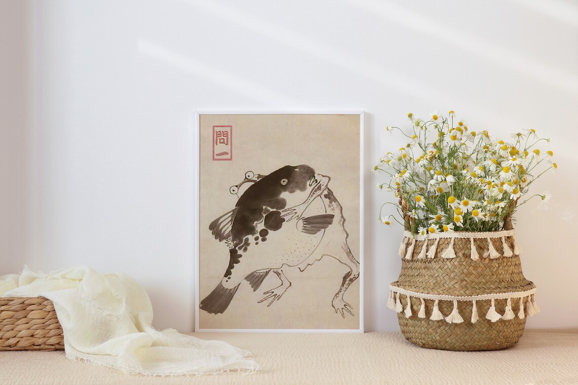 Japanese Frog and Fish Art Print, Woodblock Style - Image 2