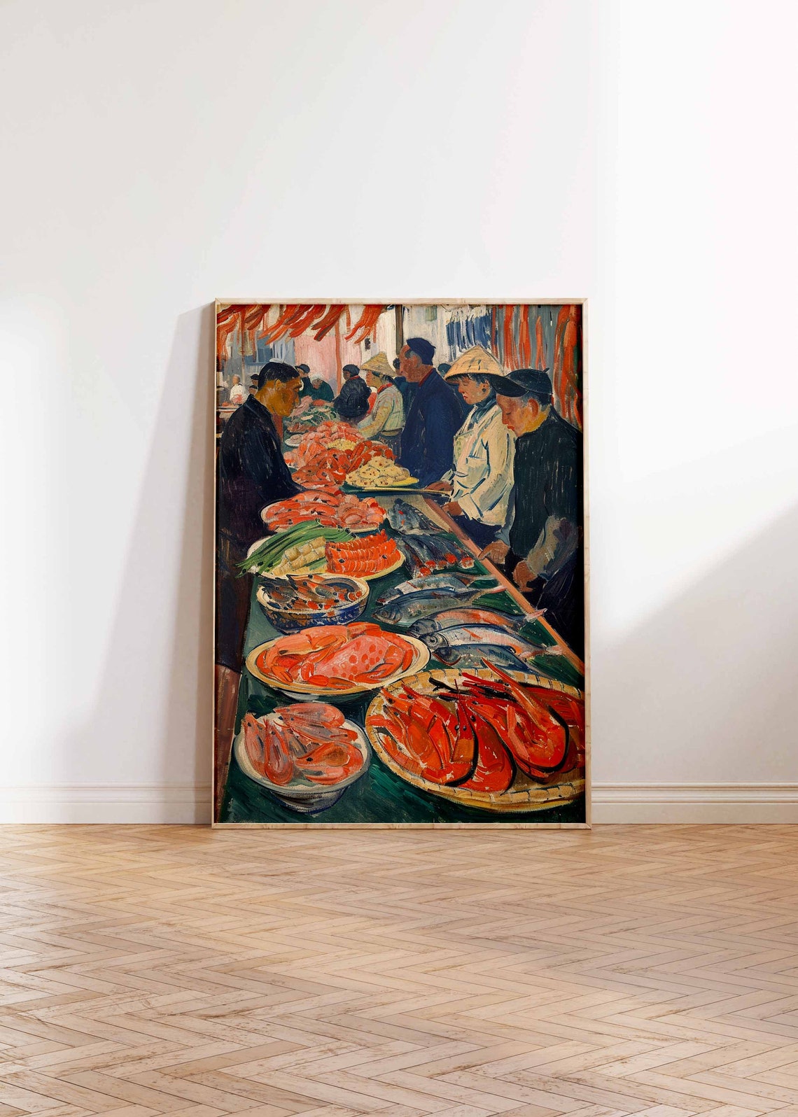 Bustling Fish Market Crowd Shrimp Display Colorful Painting Poster - Image 2