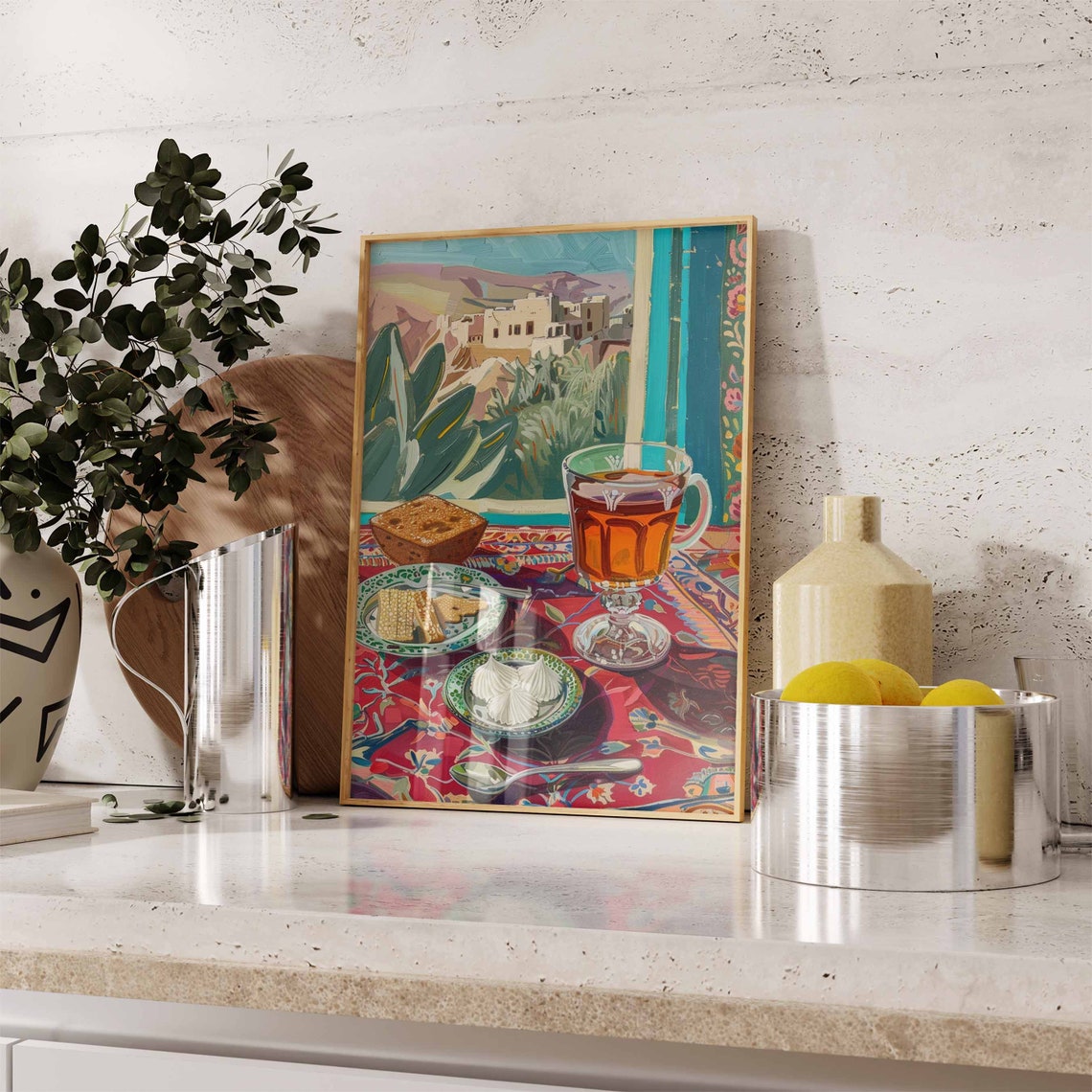Tea Cake Slices Village Window View Colorful Still Life Art Poster - Image 2