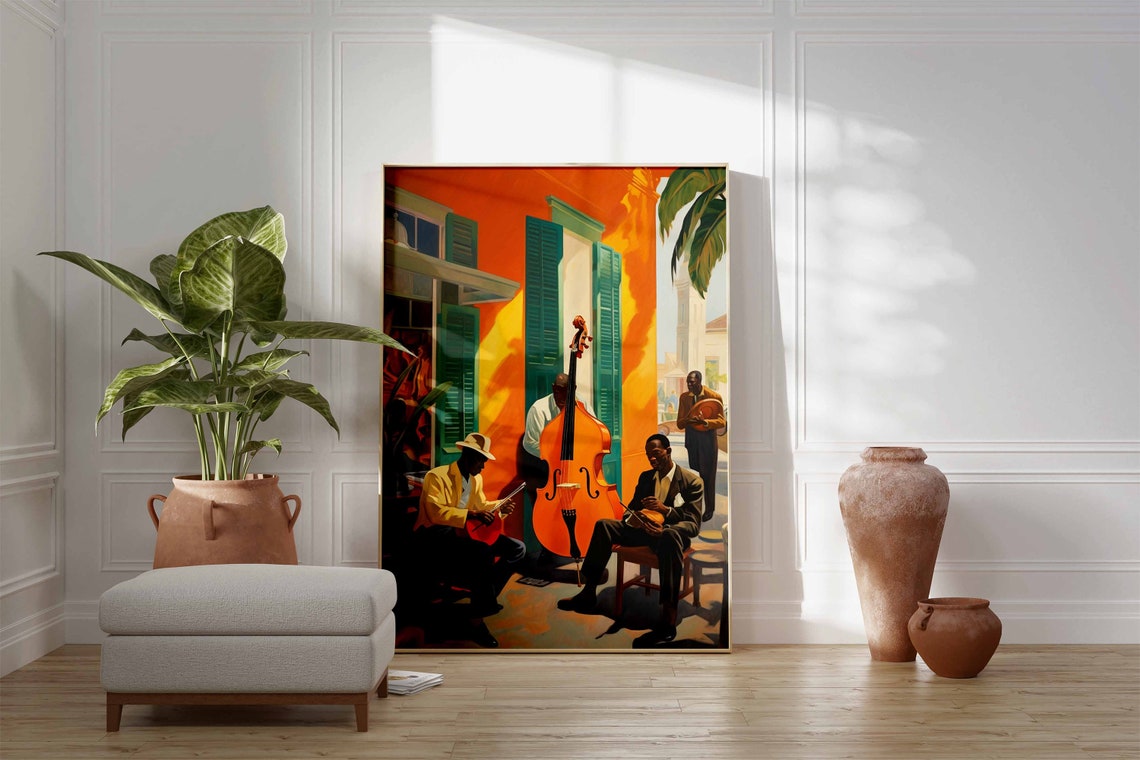 Jazz Trio Street Musicians Bass Violin Vintage Painting Poster - Image 3
