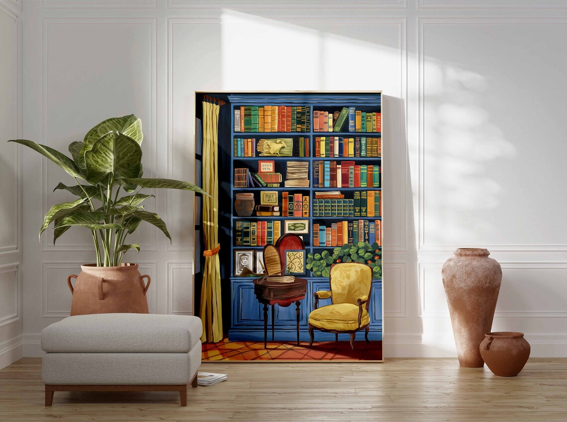 Blue Library Corner Yellow Armchair Cozy Reading Nook Poster - Image 3
