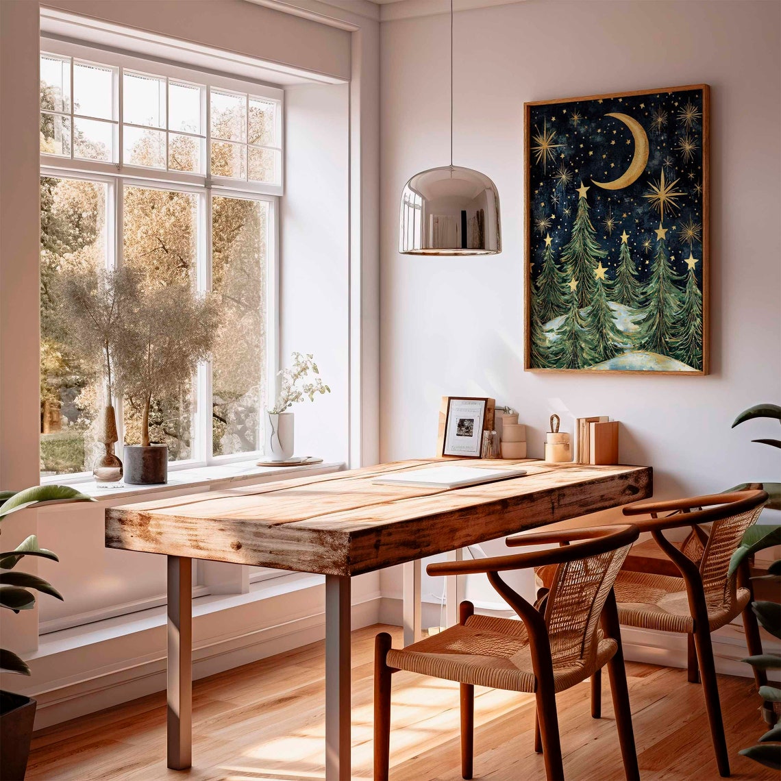 Christmas Winter Night Pine Trees Starry Sky Gold Moon Poster - Image 3