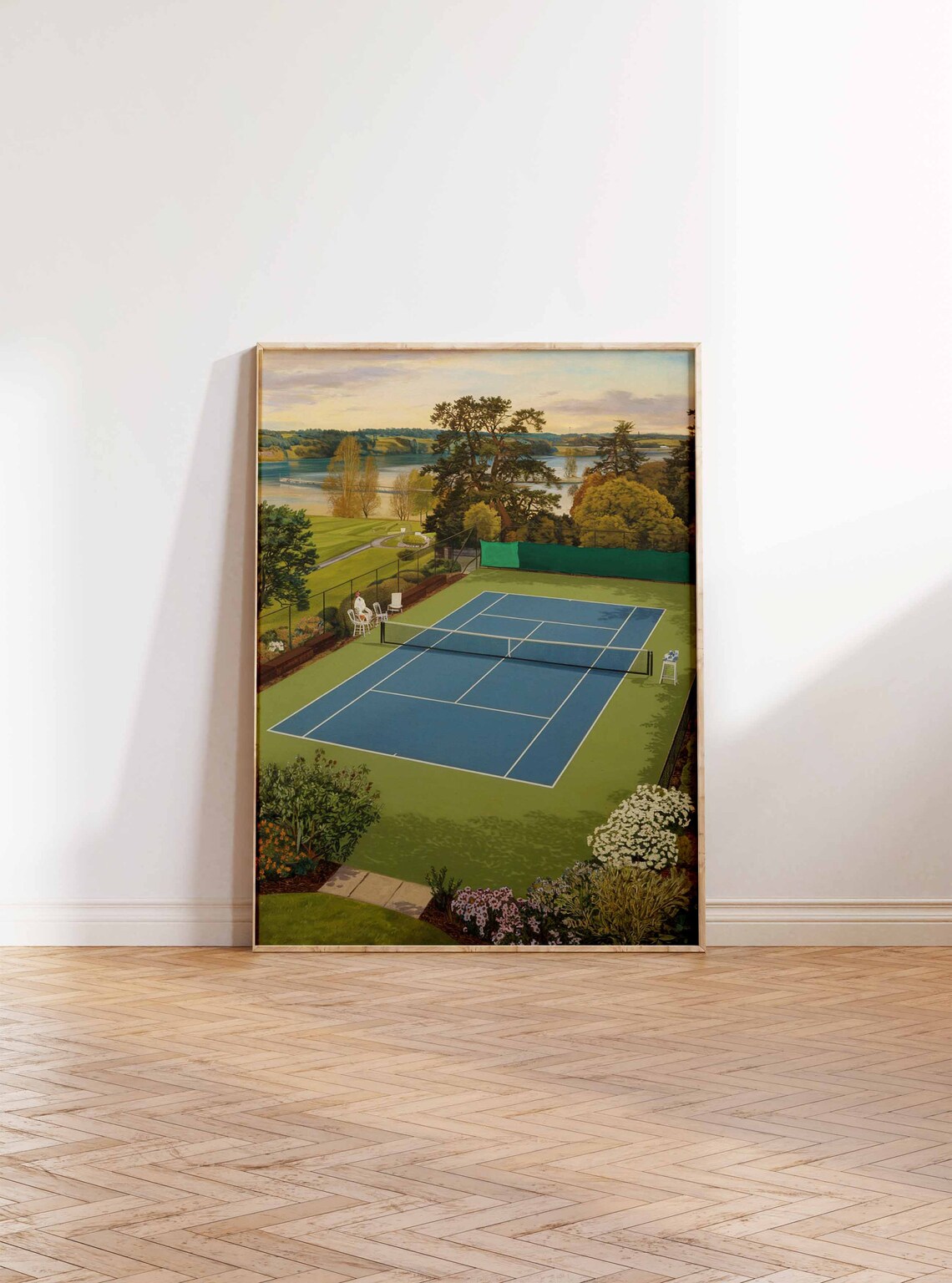 Classic Tennis Court Lakeside Sunset Match Scene Vintage Poster - Image 3