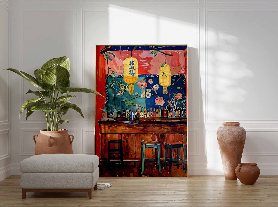 Japanese Izakaya Bar Floral Screen Lanterns Wooden Counter Painting Poster - Image 3