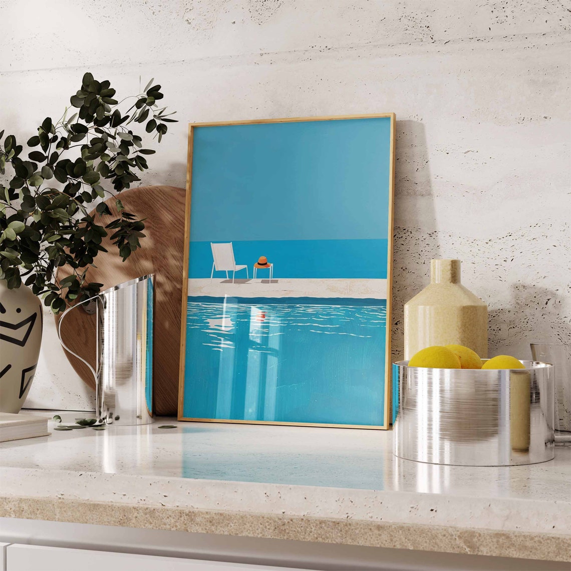 Minimalist Poolside Scene With Lounge Chair Turquoise Pool Poster - Image 3