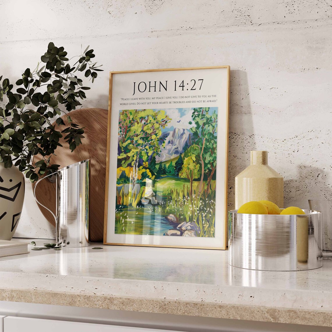 John 14:27 Bible Verse Mountain Stream Valley Monet Style Christian Art Poster - Image 3