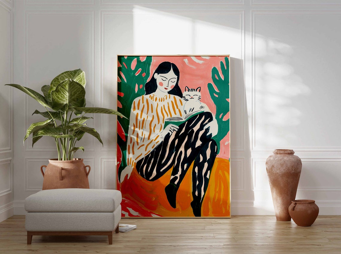 Woman Reading With White Cat Autumn Palette Modern Art Poster - Image 2