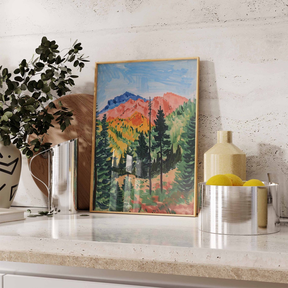 Fauvist Red Orange Mountains Pine Forest Vibrant Modern Art Print - Image 2