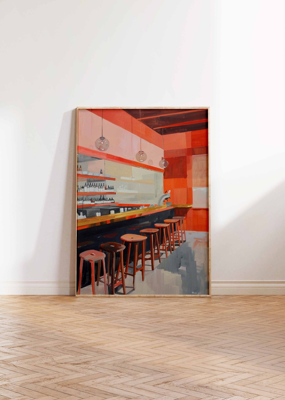 Modern Red Cocktail Bar Interior Stools Bottle Shelves Art Poster - Image 2