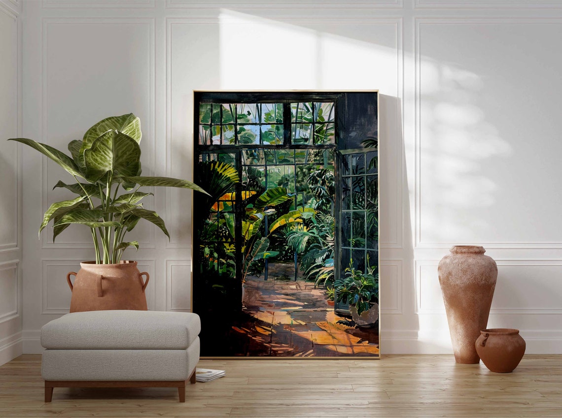 Shadowed Glasshouse Wall Tall Palms Botanical Painting Poster - Image 2