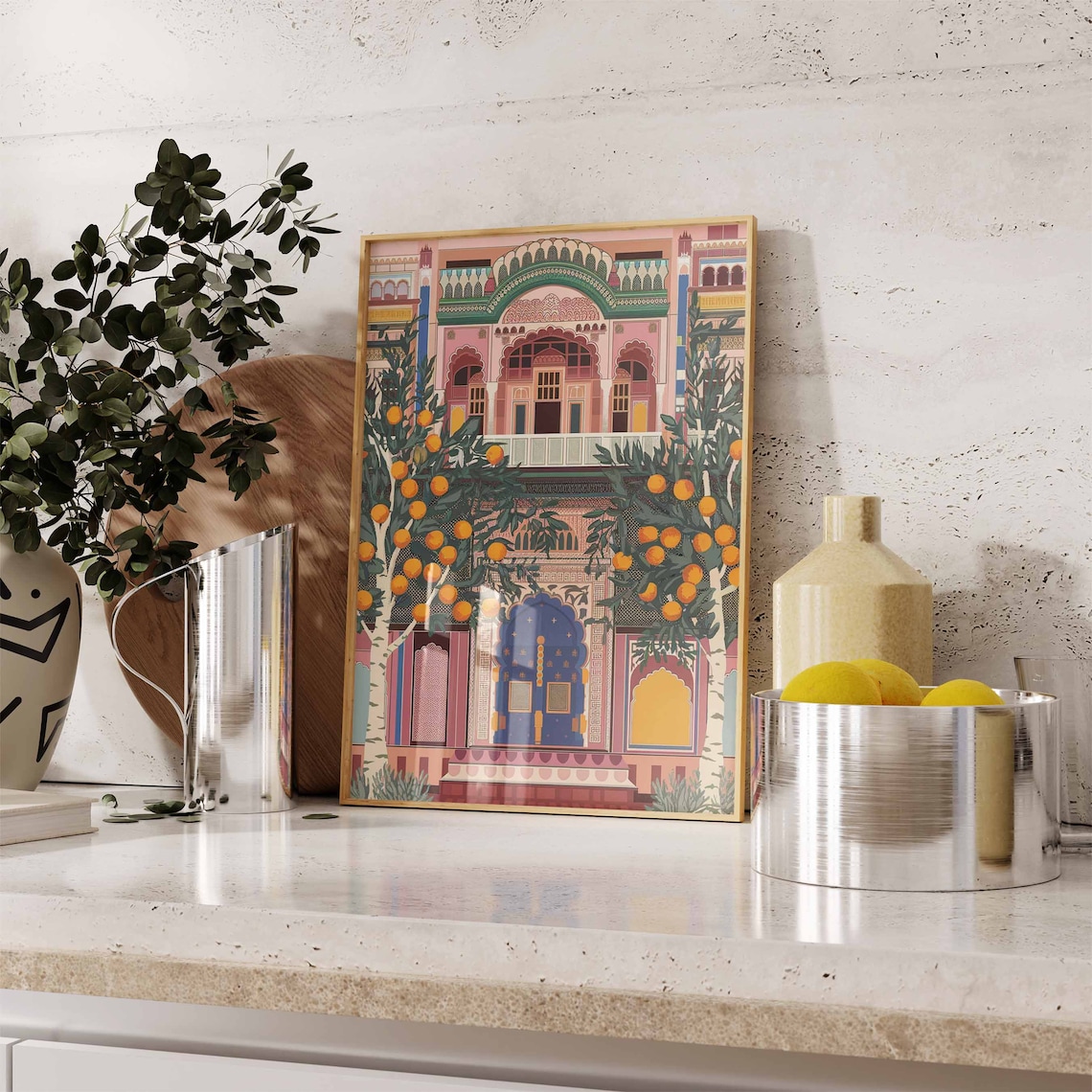Indian Palace Orange Trees Blue Door Traditional Artwork Poster - Image 3