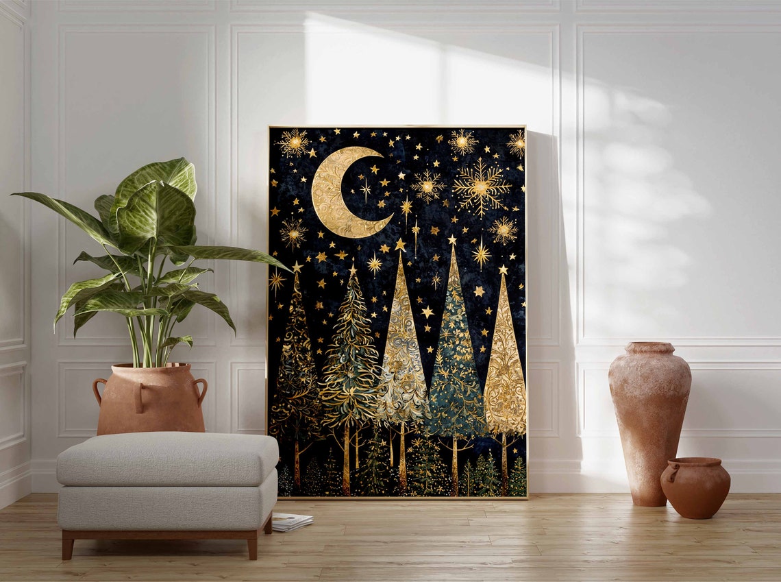 Golden Crescent Moon Above Christmas Trees Starry Night Poster - Image 3