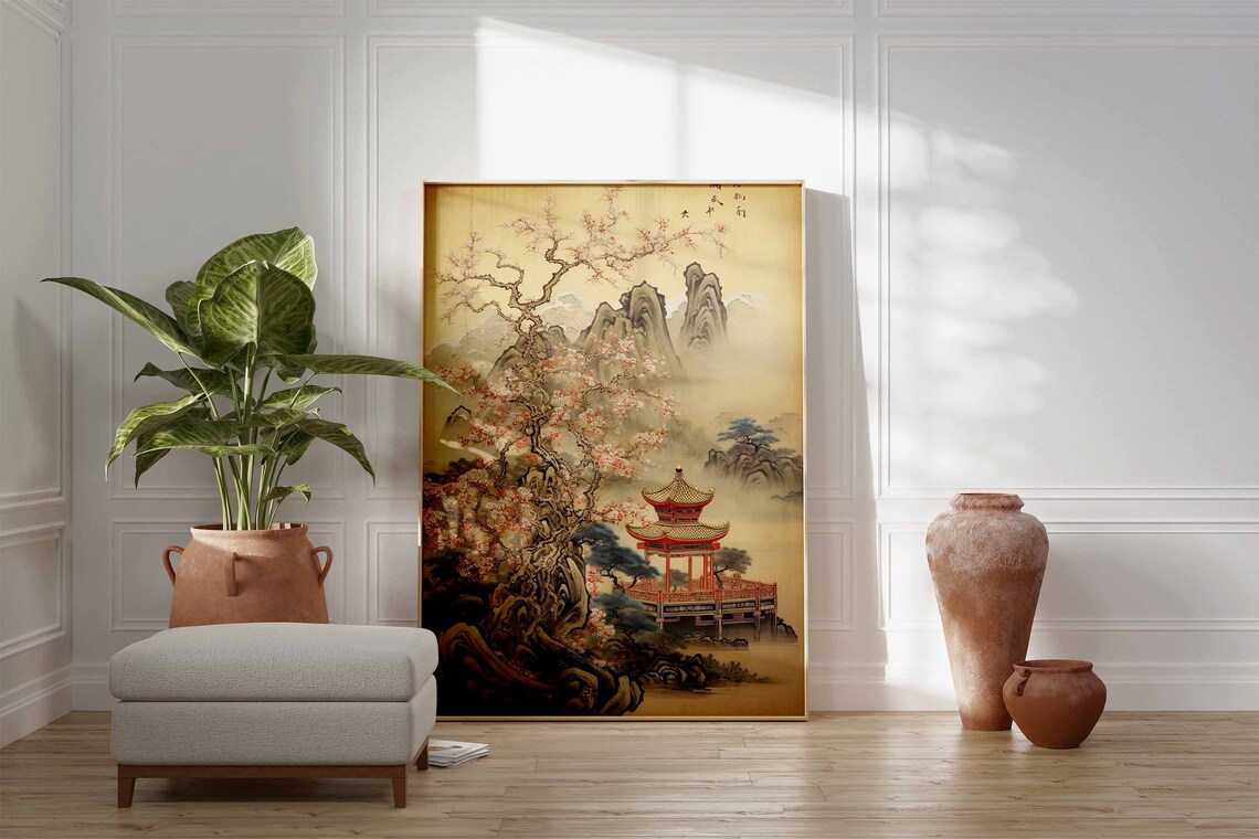 Chinese Vintage Ink Landscape Pagoda Blossom Mountain Scroll Poster - Image 2