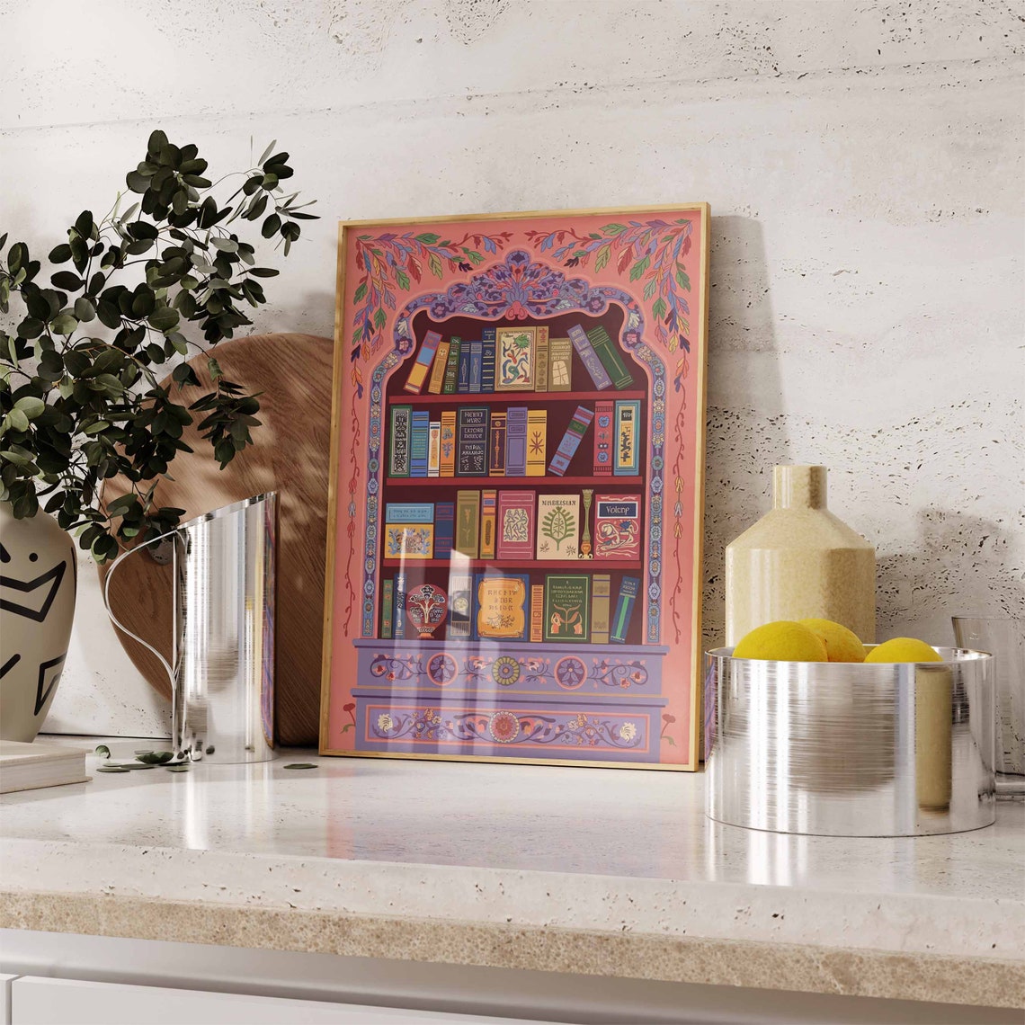Coral Indian Ornate Bookshelf Traditional Decor Book Wall Poster - Image 2