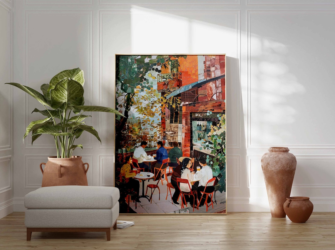 Vintage Café Terrace Mosaic Diners European Street Scene Poster - Image 3