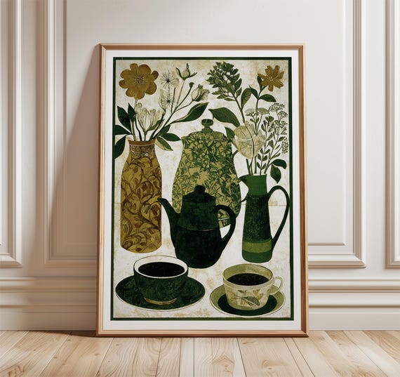 Vintage Botanical Kitchen Poster Green Ceramic Still Life Wall Art Print Classic Country Cottage Decor Elegant Retro Home Style