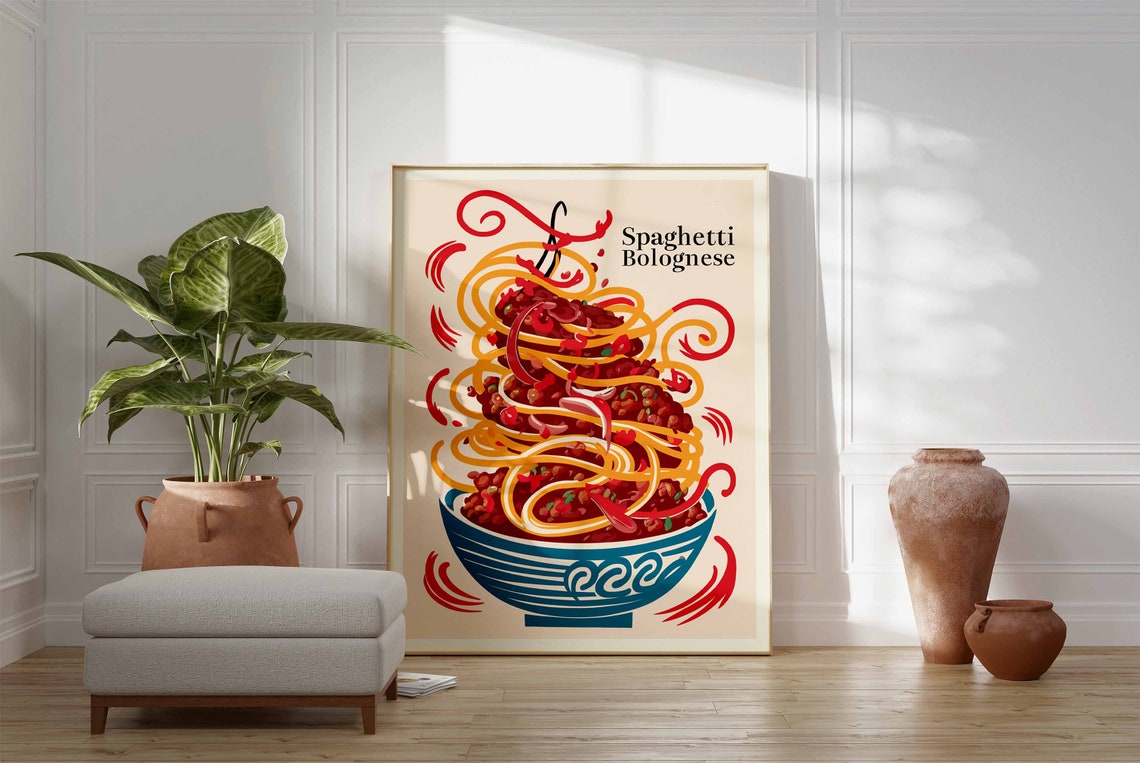 Spaghetti Bolognese Tower Teal Bowl Playful Kitchen Art Poster - Image 3