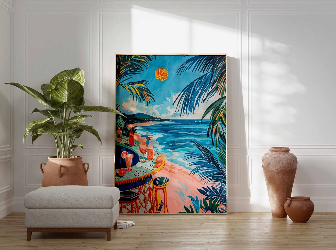 Beach Sunset Cocktail Bottles Palm Silhouette Bright Flat Art Poster - Image 3