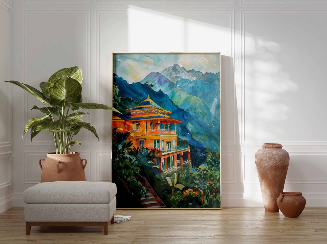 Orange Temple Style Building in Blue Mountains Watercolor Art Poster - Image 3