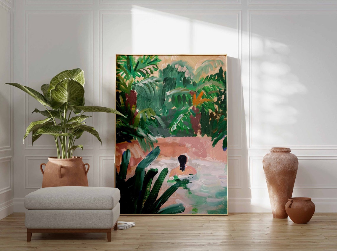 Woman Swimming in a Pink Pond Surrounded by Palm Trees Poster - Image 2