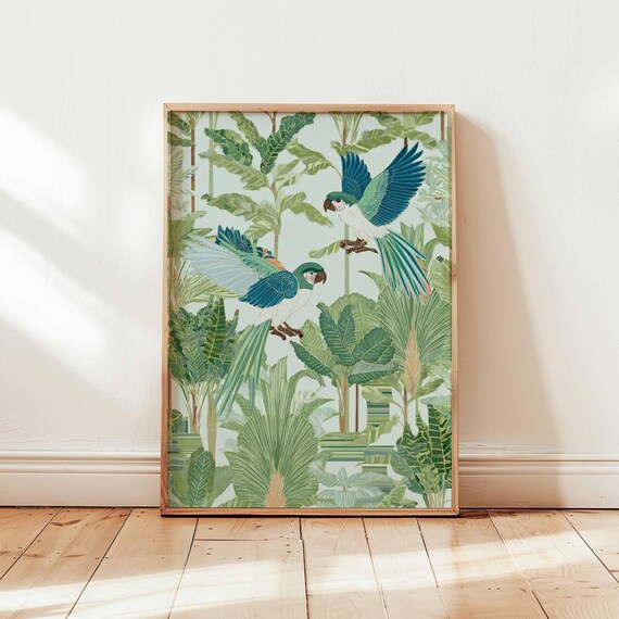 Tropical Parrots Flying Among Palm Leaves Vintage Bird Wall Art