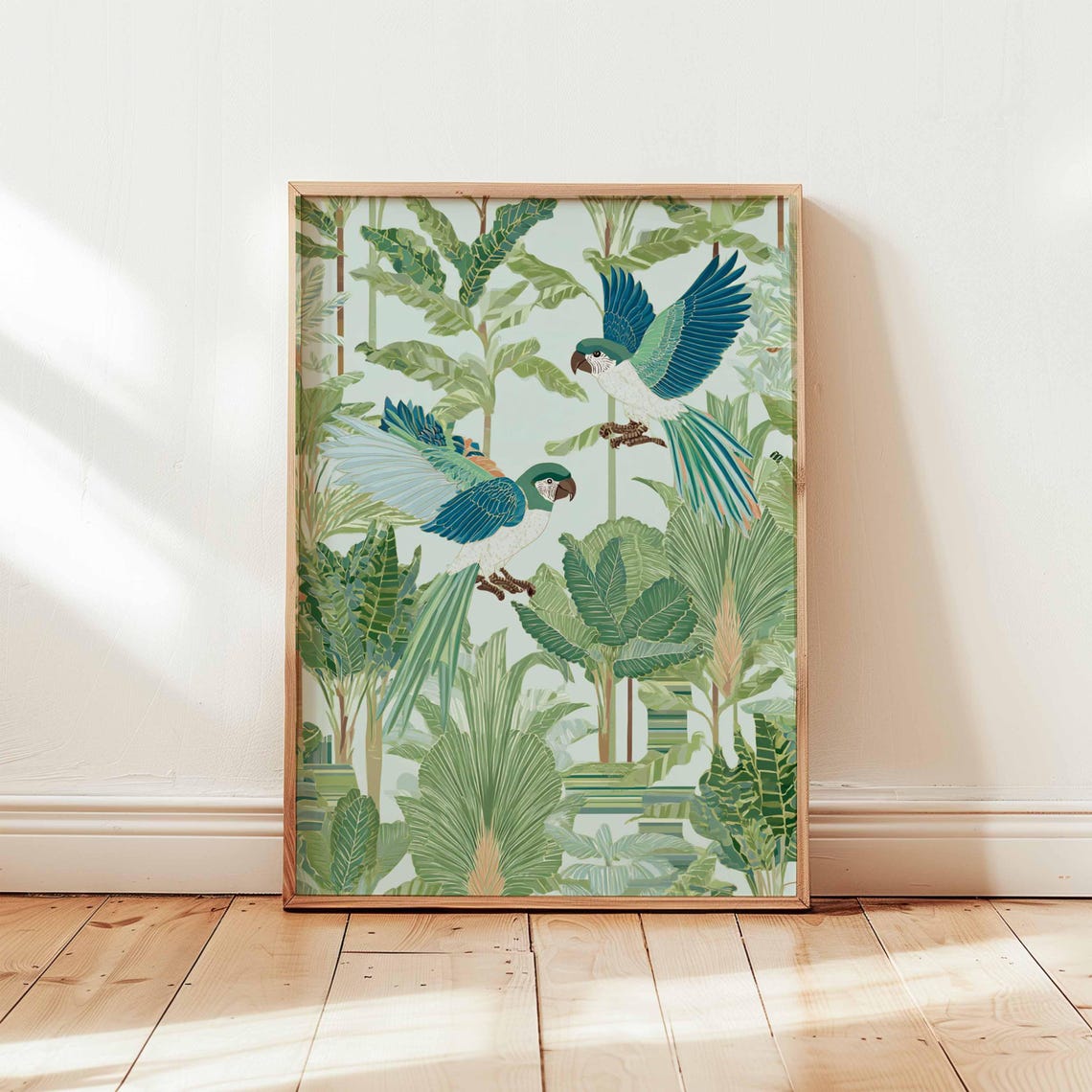 Tropical Parrots Flying Among Palm Leaves Vintage Bird Wall Art
