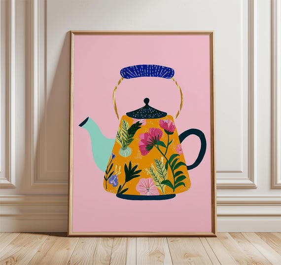 Orange Floral Teapot Poster, Modern Kitchen Art
