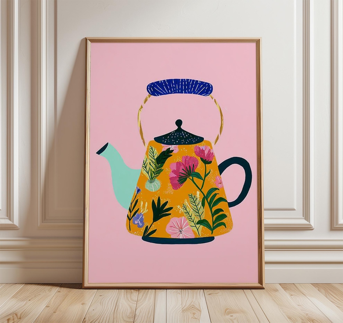 Orange Floral Teapot Poster, Modern Kitchen Art