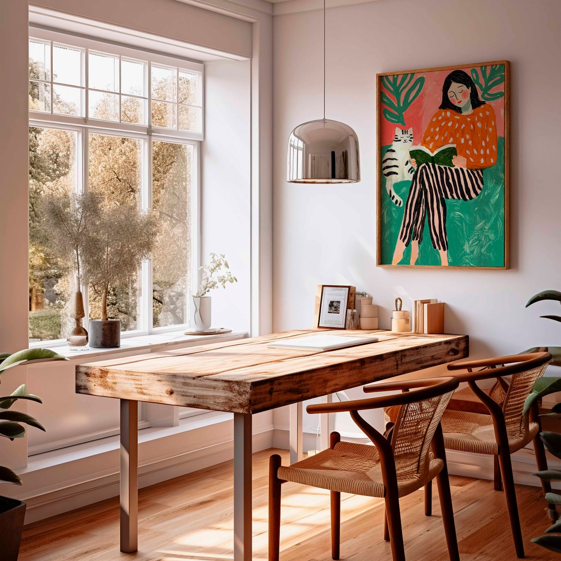 Woman Reading With Tabby Cat Orange Dotted Blouse Art Poster - Image 3