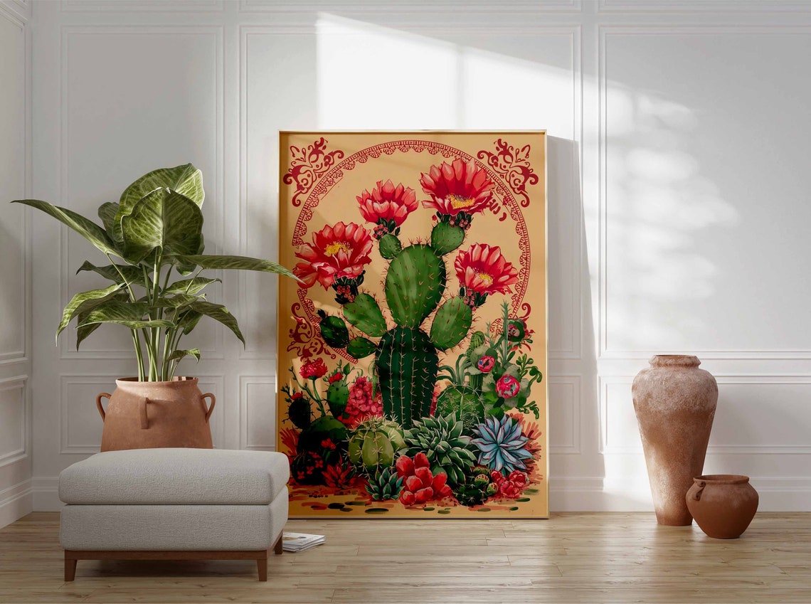 Prickly Pear Cactus Red Blooms Arch Ornamental Art Poster Gift - Image 2